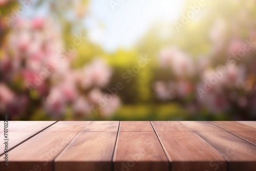 An empty wooden table top overlooking a blooming spring garden. Blurred background.