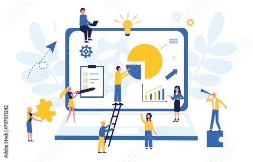 Business concept. Flat illustration. Teamwork, collaboration, partnership. Businessmen working together and moving towards success. Office workers studying infographics, evolutionary scale analysis.