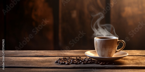 banner. A cup of coffee. steam. hot coffee. Coffee beans on the table. View from the top