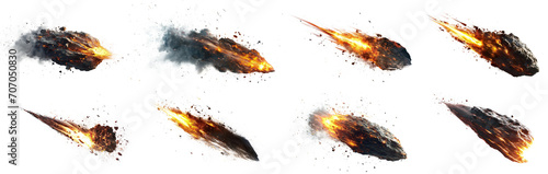 Set of meteor in the air engulfed in fire on a transparent background