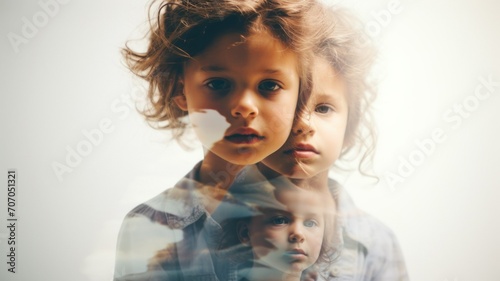 Conceptual Portrait of Child with Overlapping Faces multiple exposure. Challenging behavior, toddlers and young children. Baby development