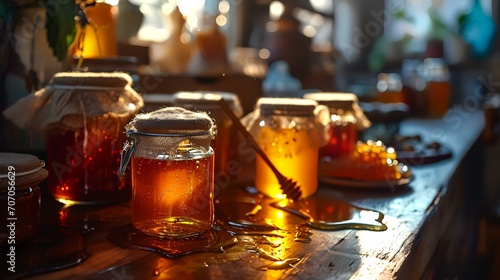 Honey in jars and drizzled with honey on a wooden table