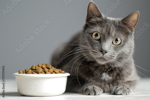 fluffy tabby cat looking at camera by its food bowl, concept pet nutrition and care .