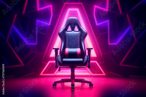 gaming chair on a purple and pink futuristic neon lights background