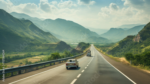 Scenic highway with car driving through lush green mountains on a sunny day, showcasing natural beauty and travel concept.