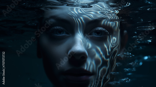 Surreales Portrait einer Frau unter Wasser mit Wellen-Muster auf der Haut. Konzept: Die eigenen Gefühle reflektieren. Illustration in kühlen Farben. Düstere Atmosphäre