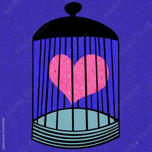 Ilustracja grafika różowe serce zamknięte w metalowej klatce niebieskie tło.