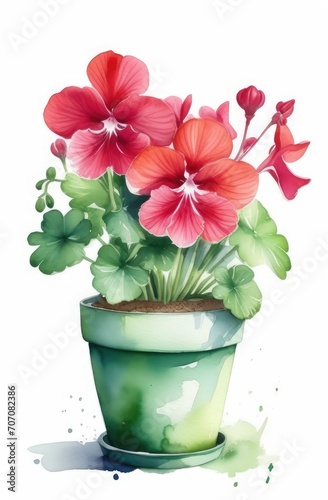 Pelargonium geranium in a flower pot on a white watercolor background