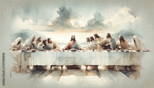 The Last Supper. Jesus. Maundy Holy Thursday. New Testament. Watercolor Biblical Illustration 