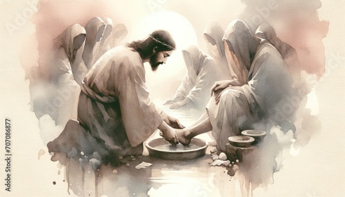 Washing of the Feet. Jesus. Maundy Holy Thursday. New Testament. Watercolor Biblical Illustration 