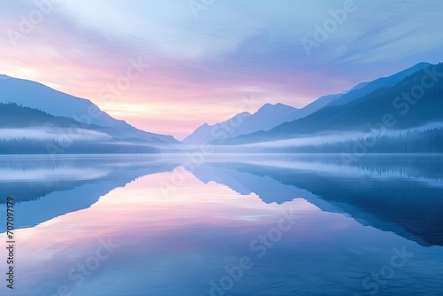 As the sun rises, the tranquil lake reflects the majestic mountains in the distance, enveloped in a serene mist and illuminated by the vibrant colors of the dawn sky