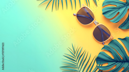 Minimalist summer concept with a palm tree beach sunglasses on blank yellow green background