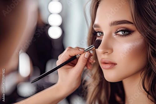 A skilled makeup artist carefully enhances a woman's natural beauty, using a variety of cosmetics including lipstick, eye shadow, and mascara, while her long hair frames her face in this stunning ind