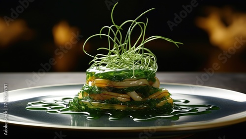 A sophisticated layered salad with seaweed and vegetables, served on a plate with green sauce. The concept of haute cuisine.