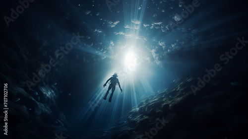 Blue sky with clouds, Deep sea scuba diver swimming in a deep ocean cave in rays of light from the surface, Ai generated image 