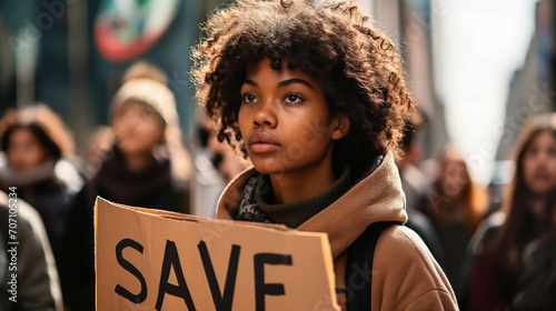 Young african american woman holding a placard with the text Save on it 