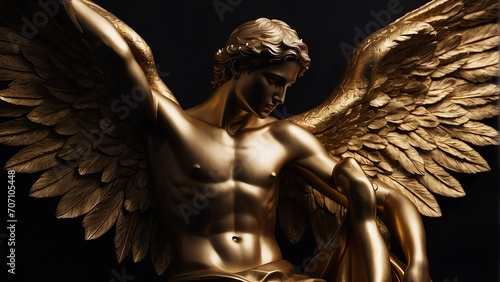 Golden male angel statue on a plain black background from Generative AI