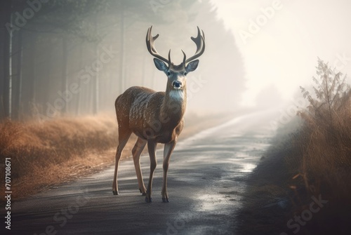 Deer animal on misty woodland road. Wildlife fauna on pathway in foggy morning. Generate ai