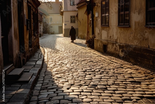 A solitary figure strolls along the narrow cobblestone alley, surrounded by the towering brick buildings and quaint windows of the city, lost in thought as they make their way down the uneven stone p
