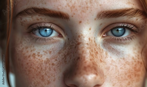 close-up portrait of a woman with freckles skin and blue eyes
