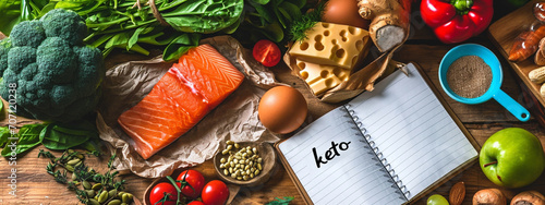 Keto diet set of food ingredients. notebook with the inscription keto