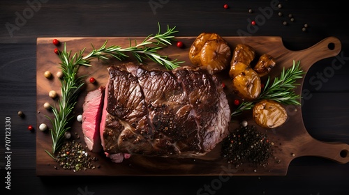 Prime rib beef fillet roast on black wooden board background, on dark wood table counter top down view