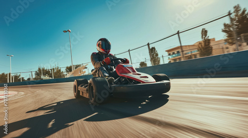 homme faisant du karting sur un piste à pleine vitesse avec casque et combinaison de pilote