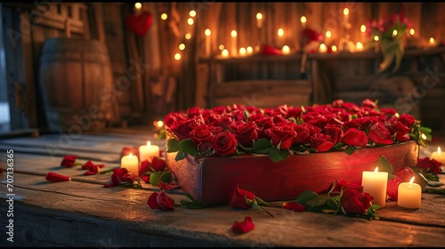 Ambiance romantique: Roses rouges, bougies allumées, soirée d'amour éclairée