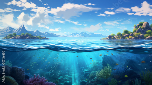coral reef in the maldives, Beautiful blue ocean background with sunlight and undersea scene, water of tropical sea, Ai generated image 