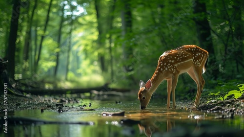 Deer Drinking Water From Stream in Forest