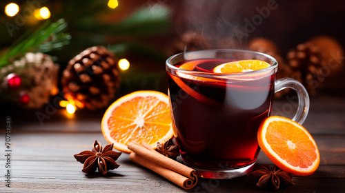 fresh delicious mulled wine on a wooden table.