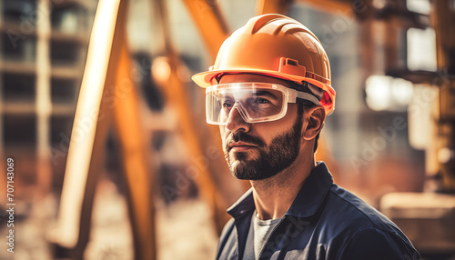 Portrait of a construction worker watches building construction on site. Helmet, google, safety vest