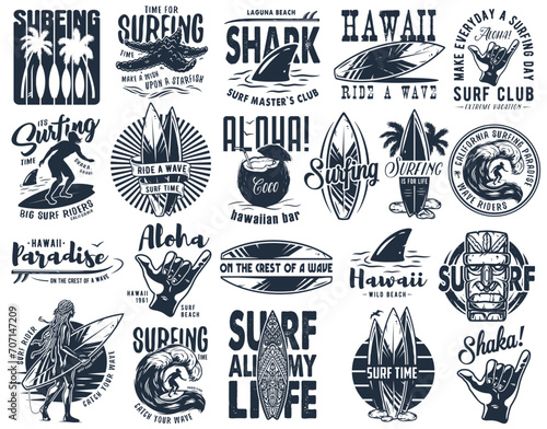 Summer surfing print set. Vector graphic surf collection. Monochrome apparel design for beach shirt