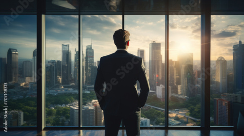 A businessman stands in a modern office space, looking out a large window at the downtown skyline, perfectly capturing a moment of corporate contemplation.