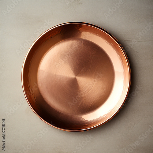 Fotografia de estilo mockup con detalle de plato de cobre con reflejos de luz sobre fondo neutro
