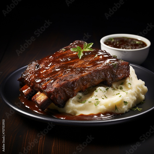 fotografia con detalle de plato con costillas a la brasa, puré de patata y salsa barbacoa