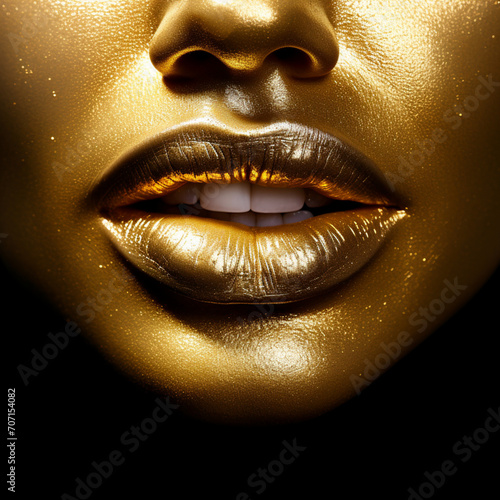 Fotografia con detalle de labios y parte de rostro femenino cubiertos por color dorado brillante, con reflejos de luz