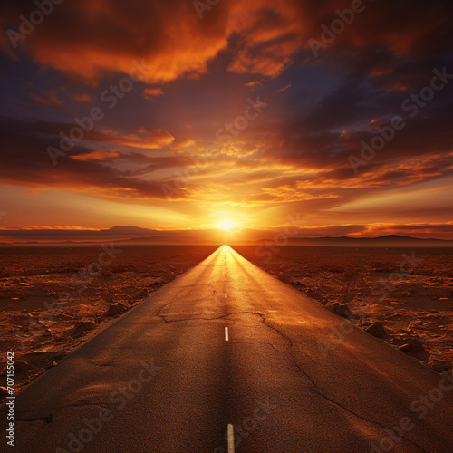 fotografia con detalle de carretera hacia un horizonte con puesta de sol