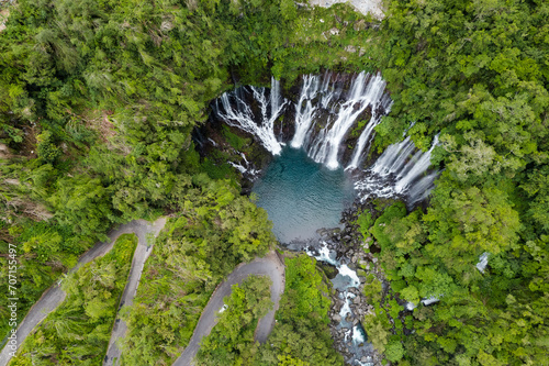 Aerial view on the Cascade Grand Galet and the Langevin basin of La Reunion island