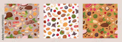 Seeds and nuts seamless patterns. Peanut, walnut, macadamia, raw almond, hazelnut and dried pistachios endless design flat vector illustration set. Delicious nuts backgrounds