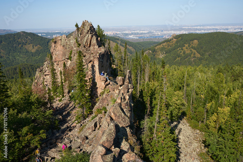 Krasnoyarsk Stolby National Park, Siberia, Russia. Chinese Wall rock, point of scenic interest, recreation site