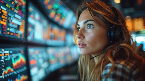 Focused female financial analyst on a busy trading floor, depicting the intensity of finance.