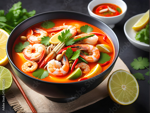 Thai Culinary Delight: Authentic Tom Yum Goong Soup with Juicy Prawns. generative AI