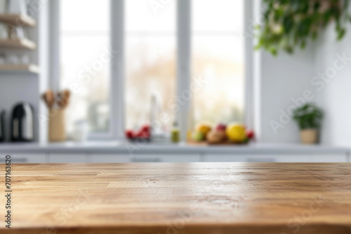 Defocused White Kitchen With Wooden Countertop