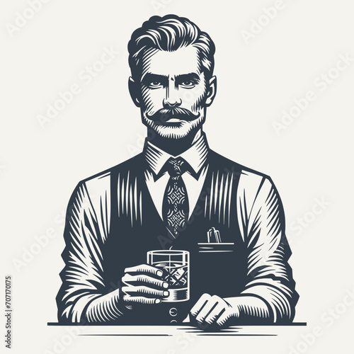 Nicely groomed gentleman in a vest holding a glass of drink. Black and white vintage woodcut style vector illustration.