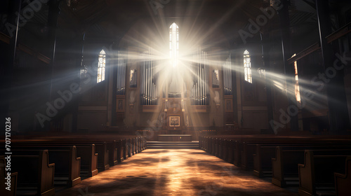 Sonnenstrahlen durch ein Kirchenfenster beleuchtet Kirche