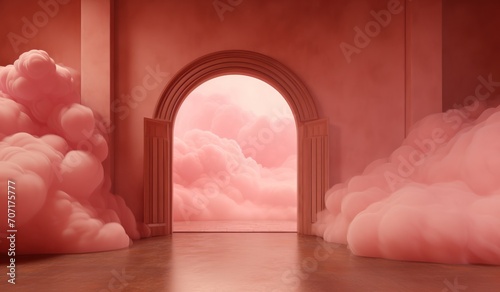 Architectural arch with fluffy clouds. Surreal magical conceptual interior room in pastel colors. Minimalistic background, showcase for advertising.
