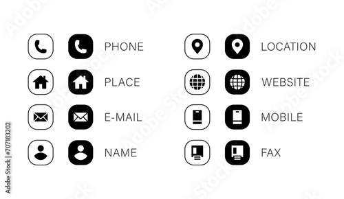 Business contact information icon set. fill and outline style square button business card icons includes phone, place, e-mail, location, website, mobile and fax icon 