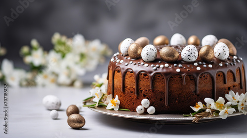 Easter cake and Easter decorative eggs. 