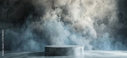 Abstract minimal stage with smoke and spotlight for product display. Stage showcase.